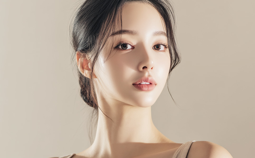 나나성형외과 이마축소술 적용 전 얼굴 이미지, 헤어라인이 M자 형태이거나 비대칭으로 보이는 여성 정면 모습
