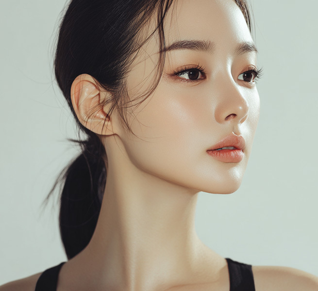 나나성형외과 윤곽 재수술 Q&A 이미지, 수술 후 함몰 현상으로 고민하는 상황을 표현한 여성 얼굴 이미지